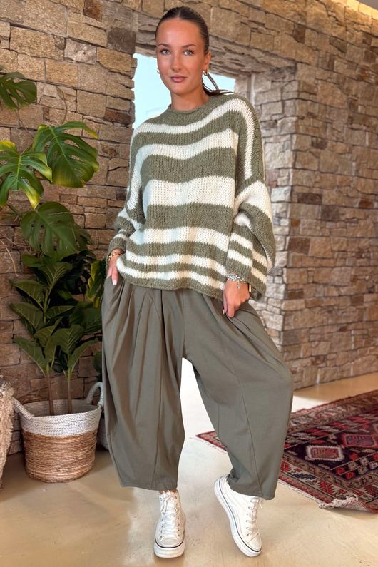 Made in Italy Big Softie Stripe Shortie Knit Soft Khaki /3 =
